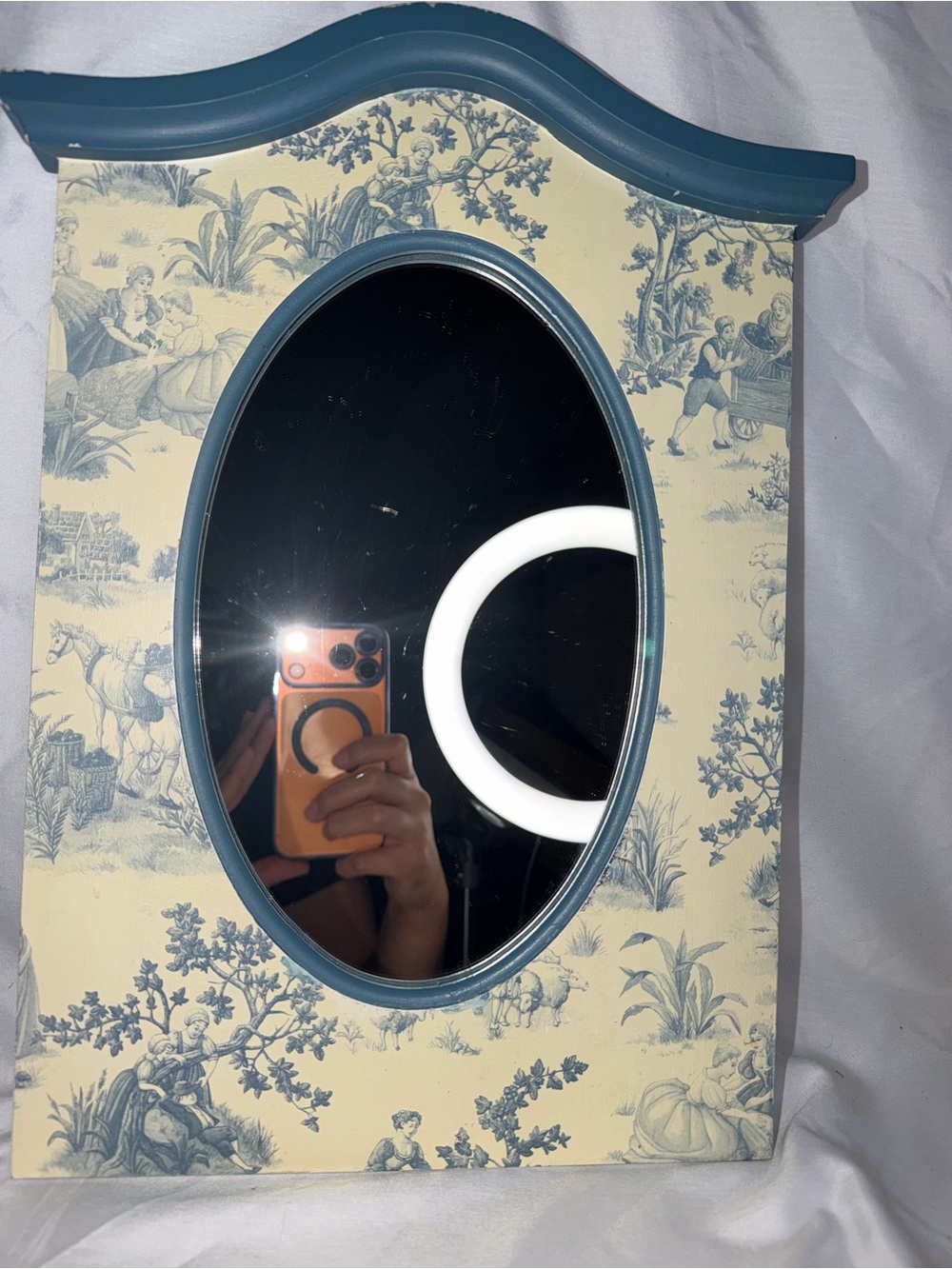 Vintage French Country Blue Toile Wood Wall Mirror Arched Oval Framing 15